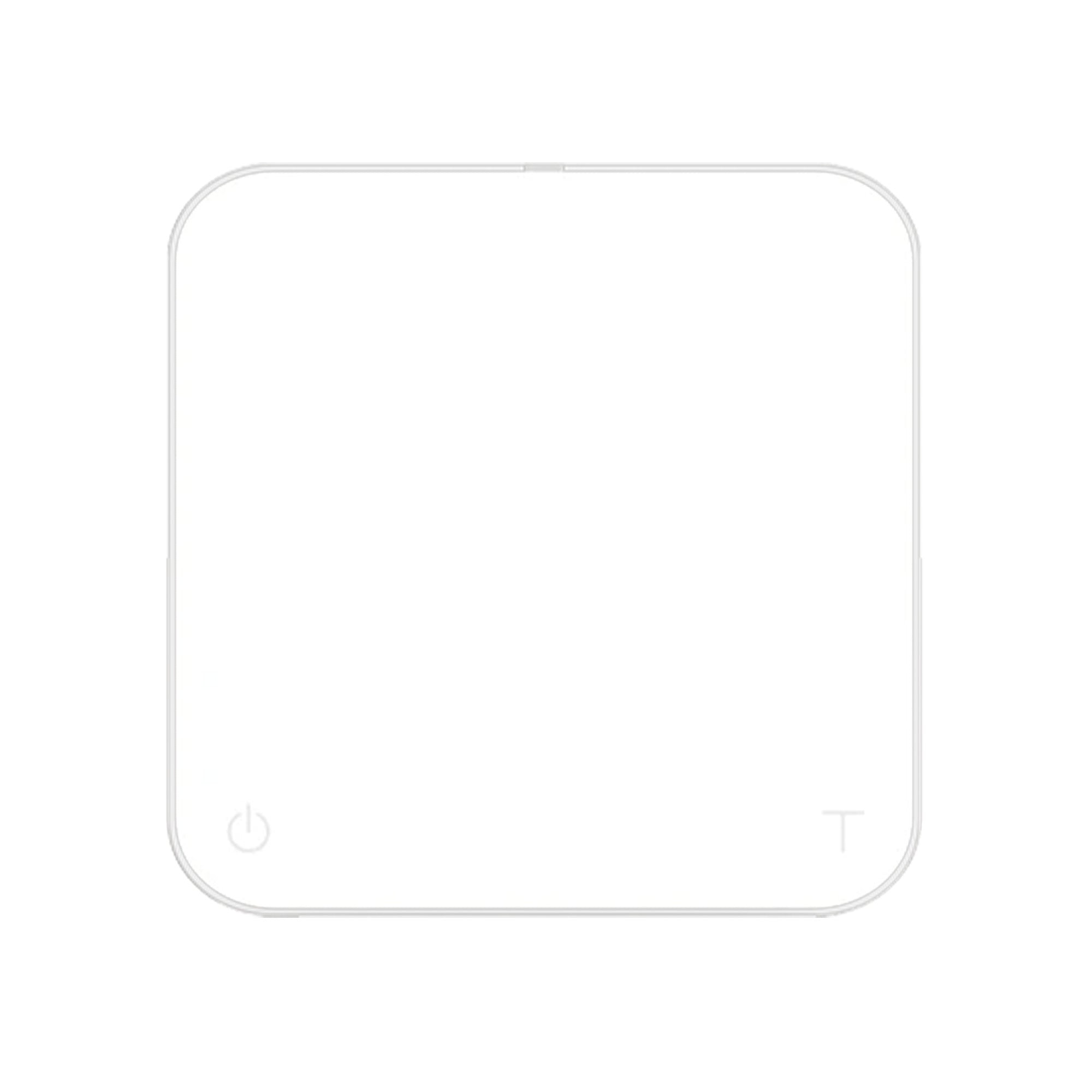 Acaia scale, minimalist, square, rounded corners, featuring a white face and subtle light gray icons for power and connectivity in the bottom corners.