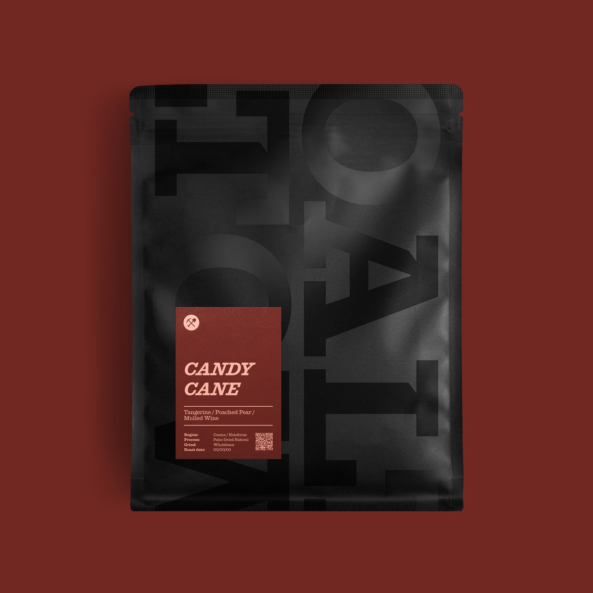 A matte black stand-up 200g bag labeled 'CANDY CANE' with a muted red label panel, centered on a dark red background. The bag has large tonal lettering behind it and a small circular logo near the top left of the label.