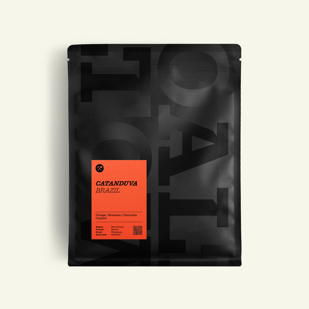 A matte black coffee pouch with a bright orange label on the front, featuring the brand name 'CATANDUVA' and variety 'BRAZIL'. The background is a solid off-white color.