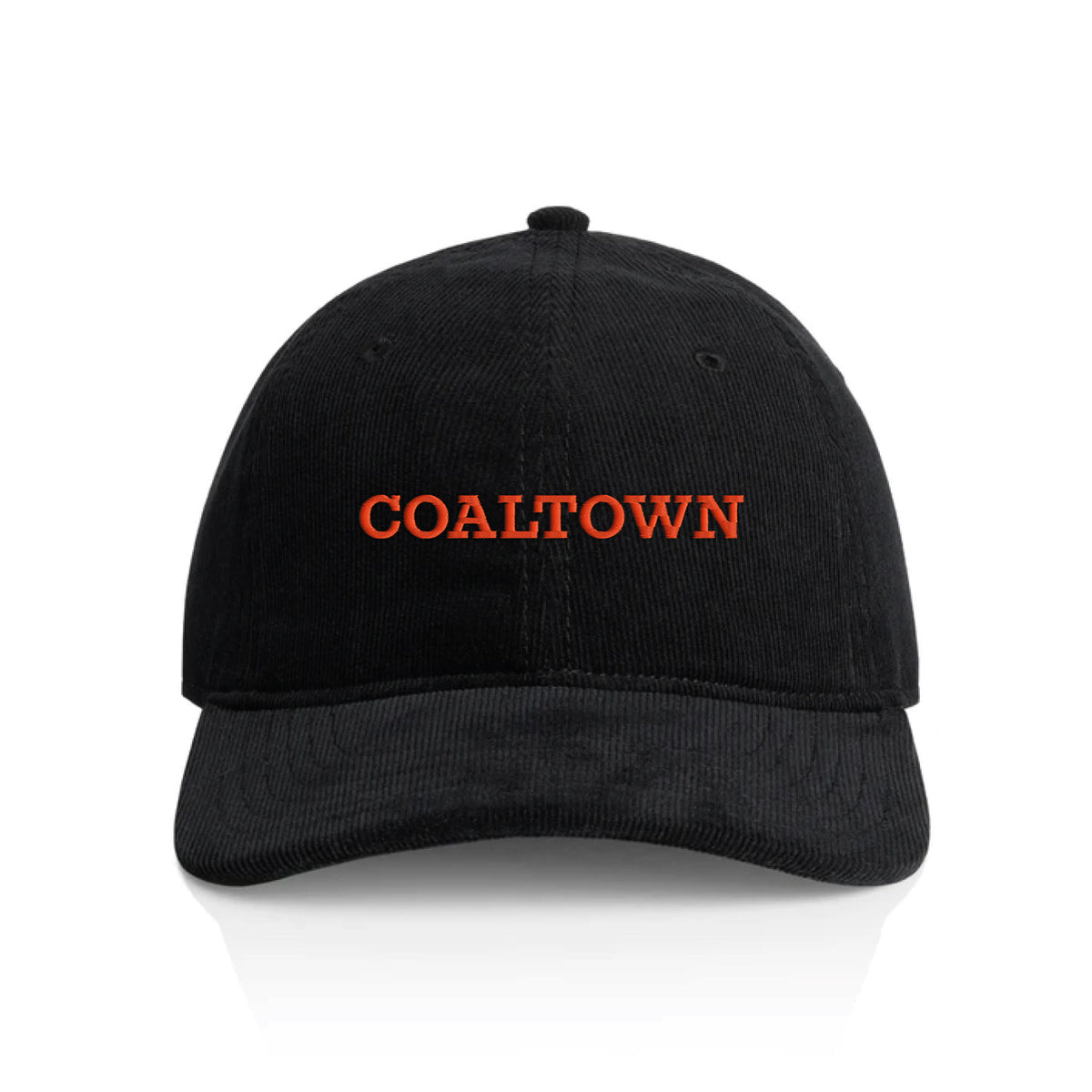A black corduroy baseball cap with 'COALTOWN' embroidered in orange across the front, shown against a plain white background.