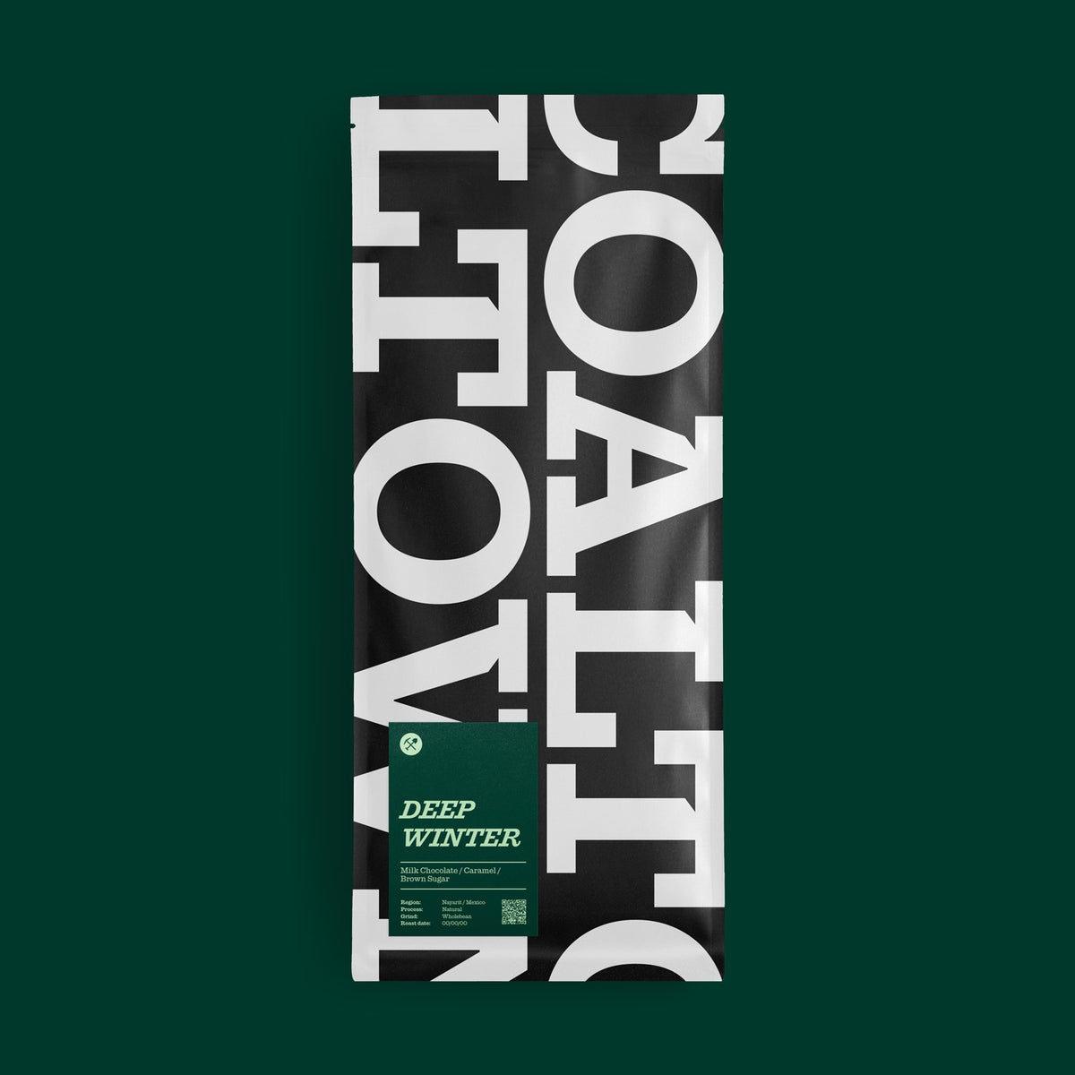 A 1 Kilo coffee bag package in white and black, centered on a dark green background. The package has a dark green label with large pale green text reading 'DEEP WINTER' and smaller text below including 'MILK CHOCOLATE, CARAMEL, BROWN SUGAR'.