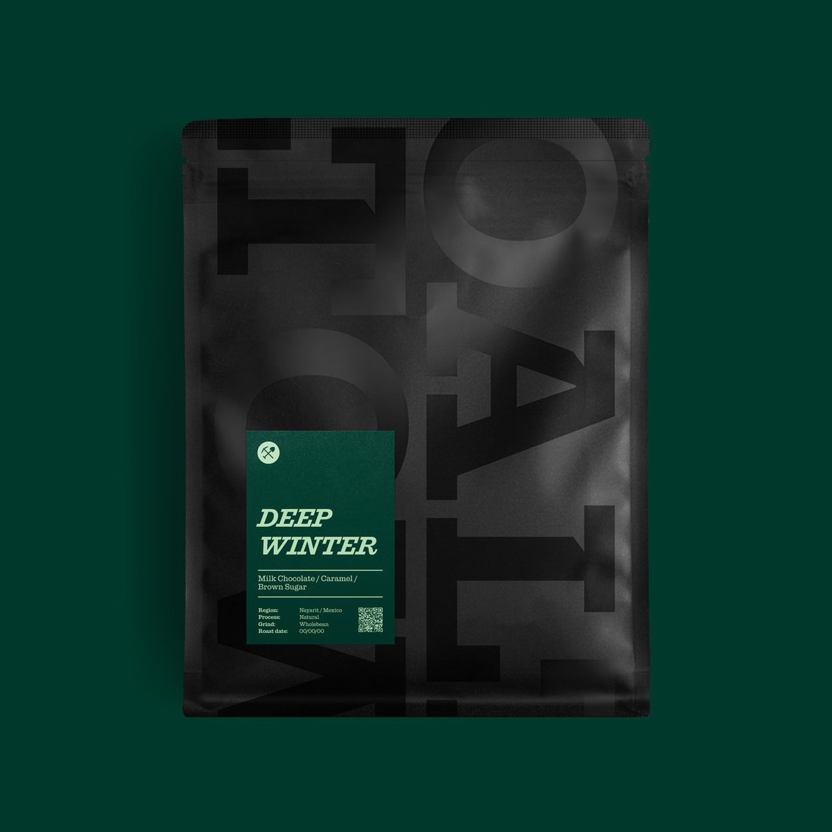 A 200g coffee bag package centered on a dark green background. The package has a dark green label with large pale green text reading 'DEEP WINTER' and smaller text below including 'MILK CHOCOLATE, CARAMEL, BROWN SUGAR'.