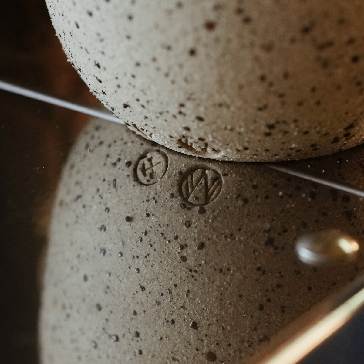 Close up of Flat White Ceramic Coffee Cup Handmade Matt Jones Ceramics Collaboration with coaltown logo stamp