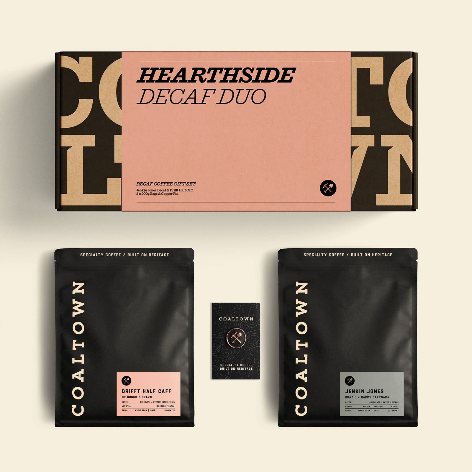 Hearthside Duo Coffee Gift Decaf Half Caff Pin Badge Present Gift Box