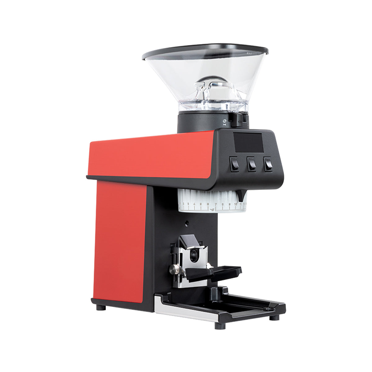 A modern red pico coffee grinder with a white and black body, a clear bean hopper on top and a digital control panel, shown on a solid white background.