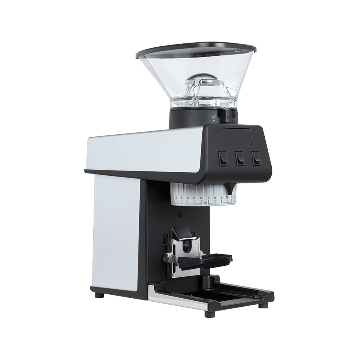 A modern satin metal pico coffee grinder with a white and black body, a clear bean hopper on top and a digital control panel, shown on a solid white background.