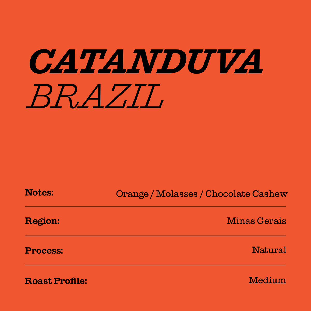 A flat orange label-style graphic with black text reading 'CATANDUVA BRAZIL' at the top and product notes below, including 'Notes: Orange / Molasses / Chocolate Cashew,' 'Region: Minas Gerais,' 'Process: Natural,' and 'Roast Profile: Medium.'.