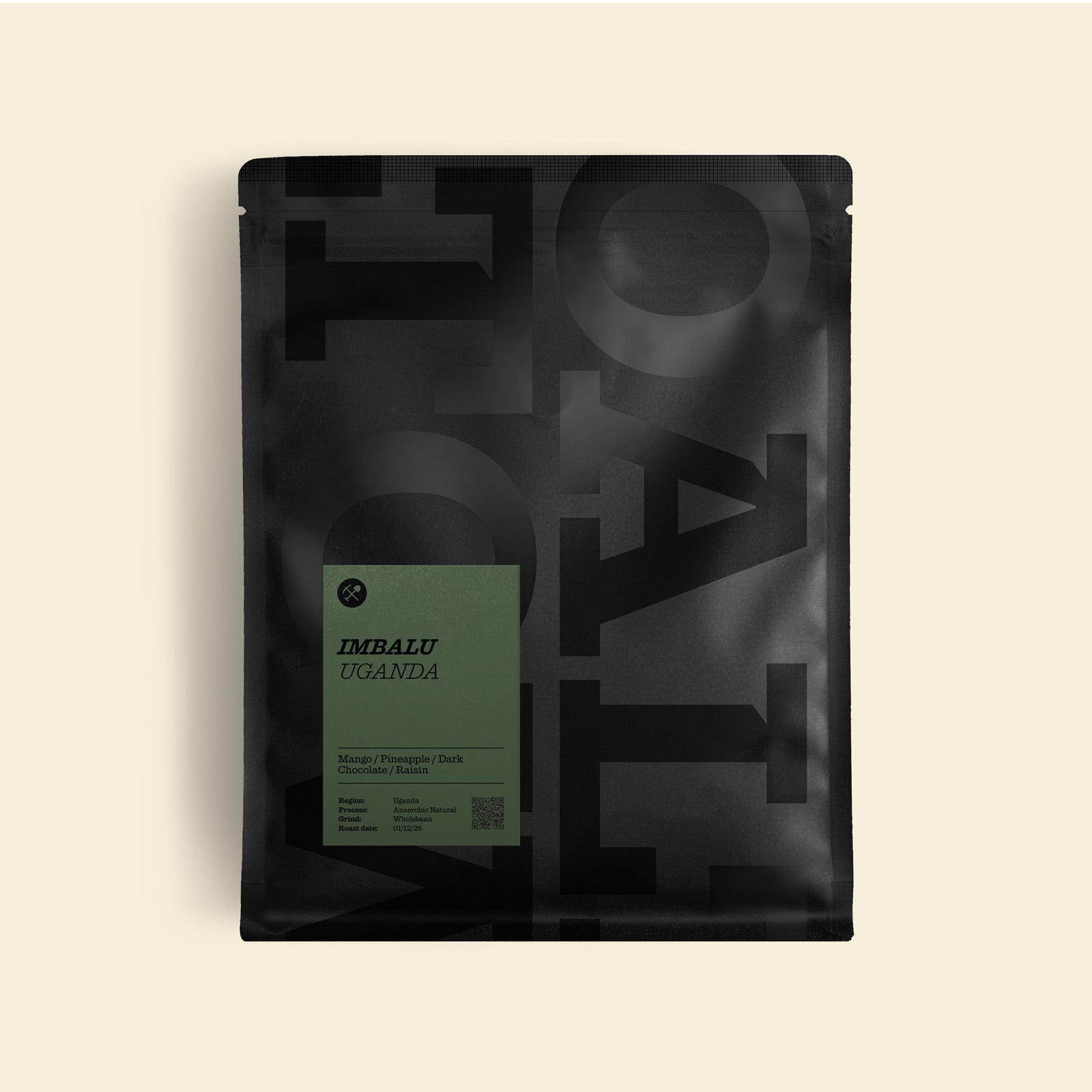 A tall rectangular package of Imbalu Organic coffee on a solid cream background. The 200g bag features a bold black and white graphic Coaltown repeat pattern of vertical letters, with a muted olive green label near the bottom displaying the brand 'Imbalu Organic'.
