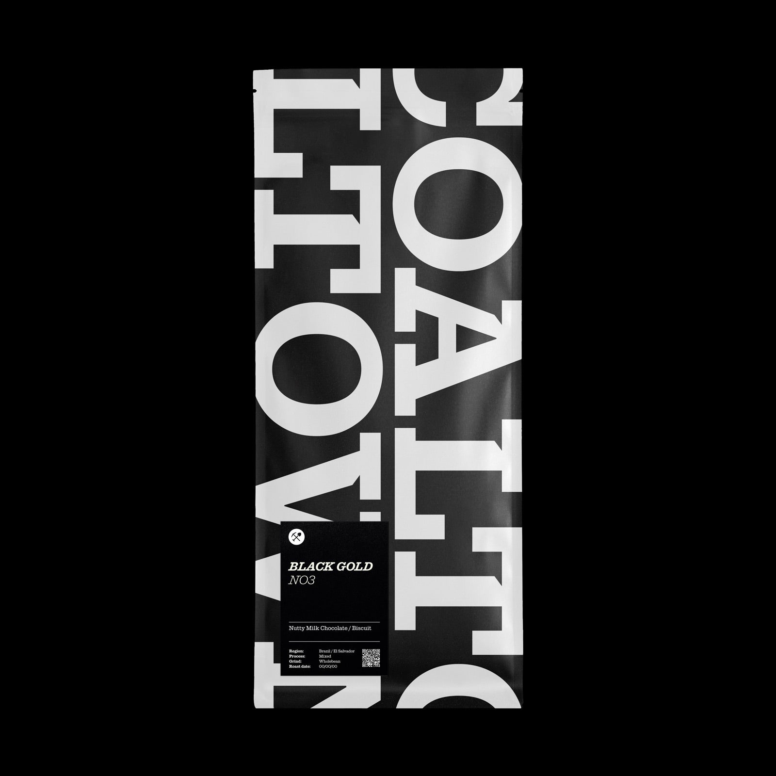 A matte 1 kilo black stand-up pouch of Black Gold No.03 nutty, milk chocolate, biscuit coffee blend, featuring a minimalist black label with white text, set against a solid black background.