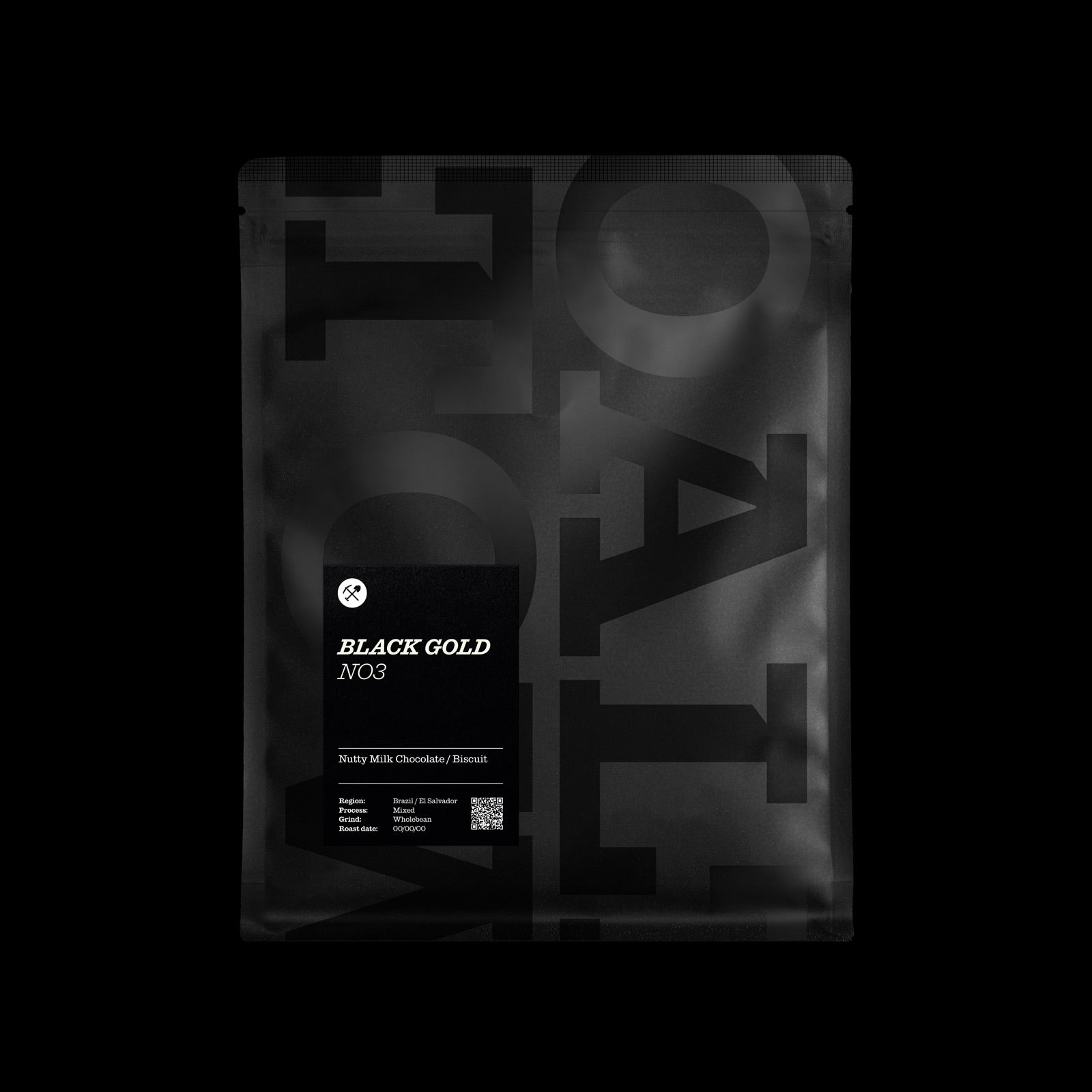 A matte 200g black stand-up pouch of Black Gold No.03 nutty, milk chocolate, biscuit coffee blend, featuring a minimalist black label with white text, set against a solid black background.