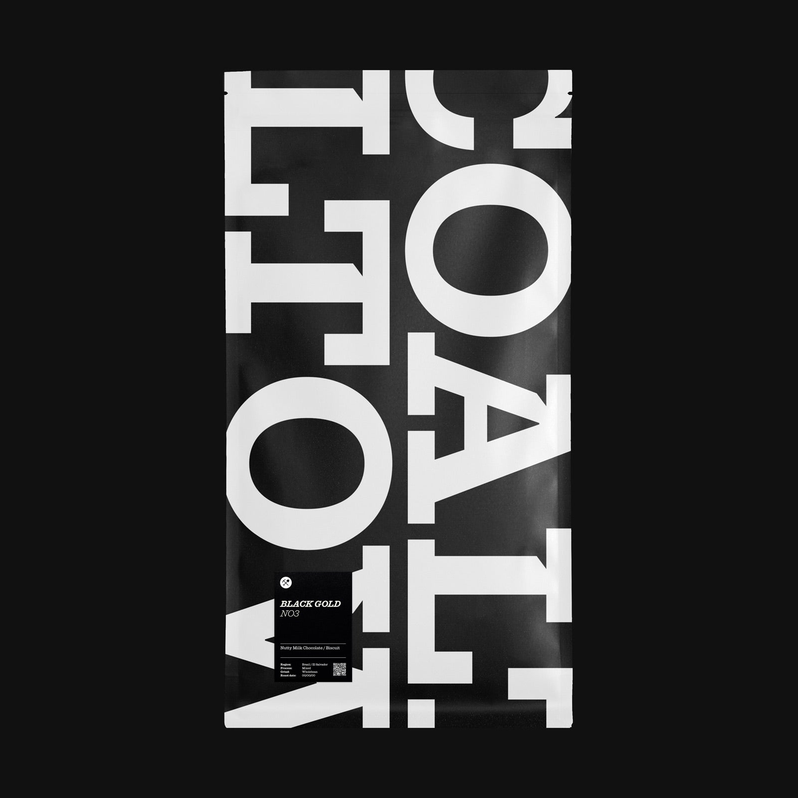 A matte 5 kilo black stand-up pouch of Black Gold No.03 nutty, milk chocolate, biscuit coffee blend, featuring a minimalist black label with white text, set against a solid black background.