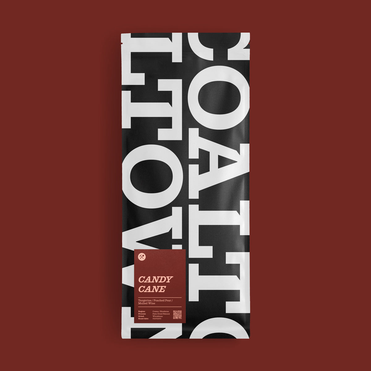 A matte black and white 1 kilo stand-up bag labeled 'CANDY CANE' with a muted red label panel, centered on a dark red background. The bag has large tonal lettering behind it and a small circular logo near the top left of the label.
