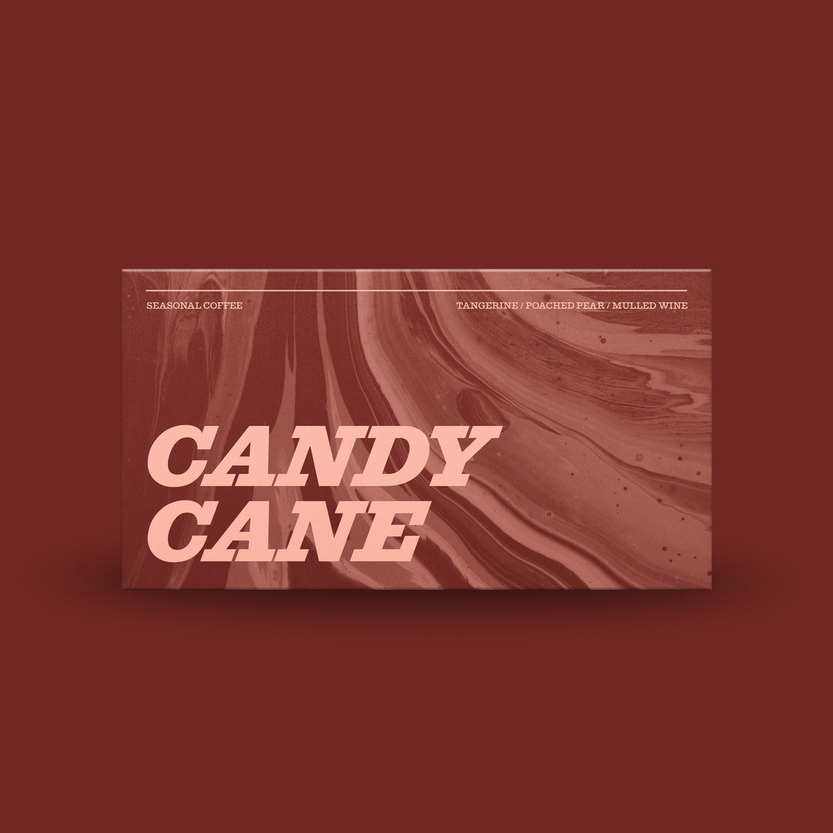 A rectangular product box with rounded corners, featuring a marbled copper and rose-gold design with the words 'CANDY CANE' in large pale pink letters. Small text at the top reads 'SEASONAL COFFEE' and 'TANGERINE / POACHED EGG / MILLED WINE.