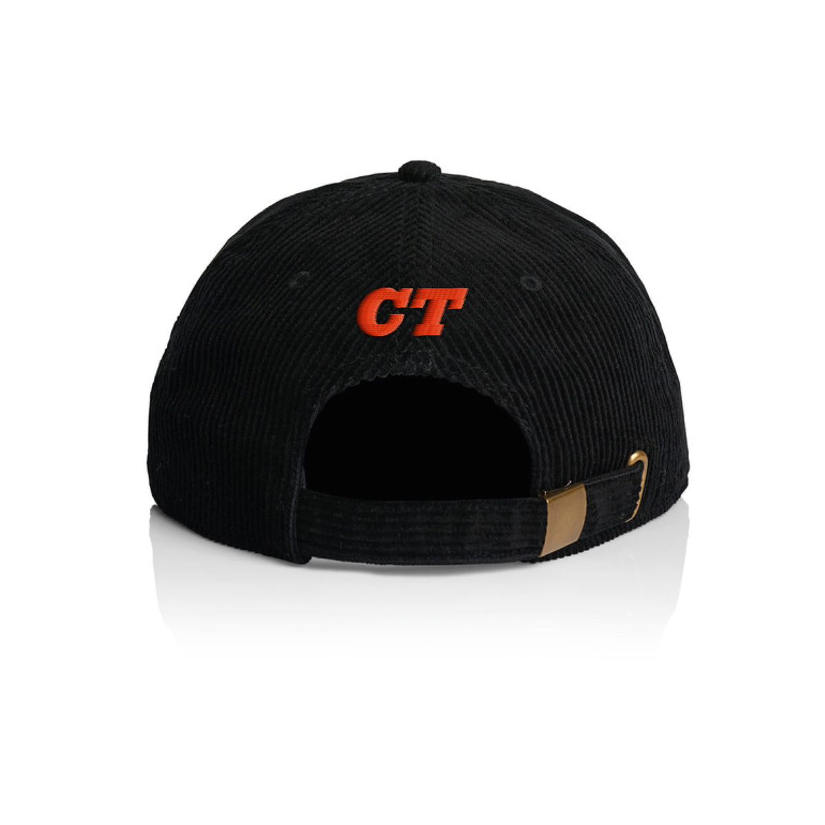 Black corduroy baseball cap shown from the back, featuring an orange embroidered 'CT' logo on the back panel and a tan leather adjustment strap.