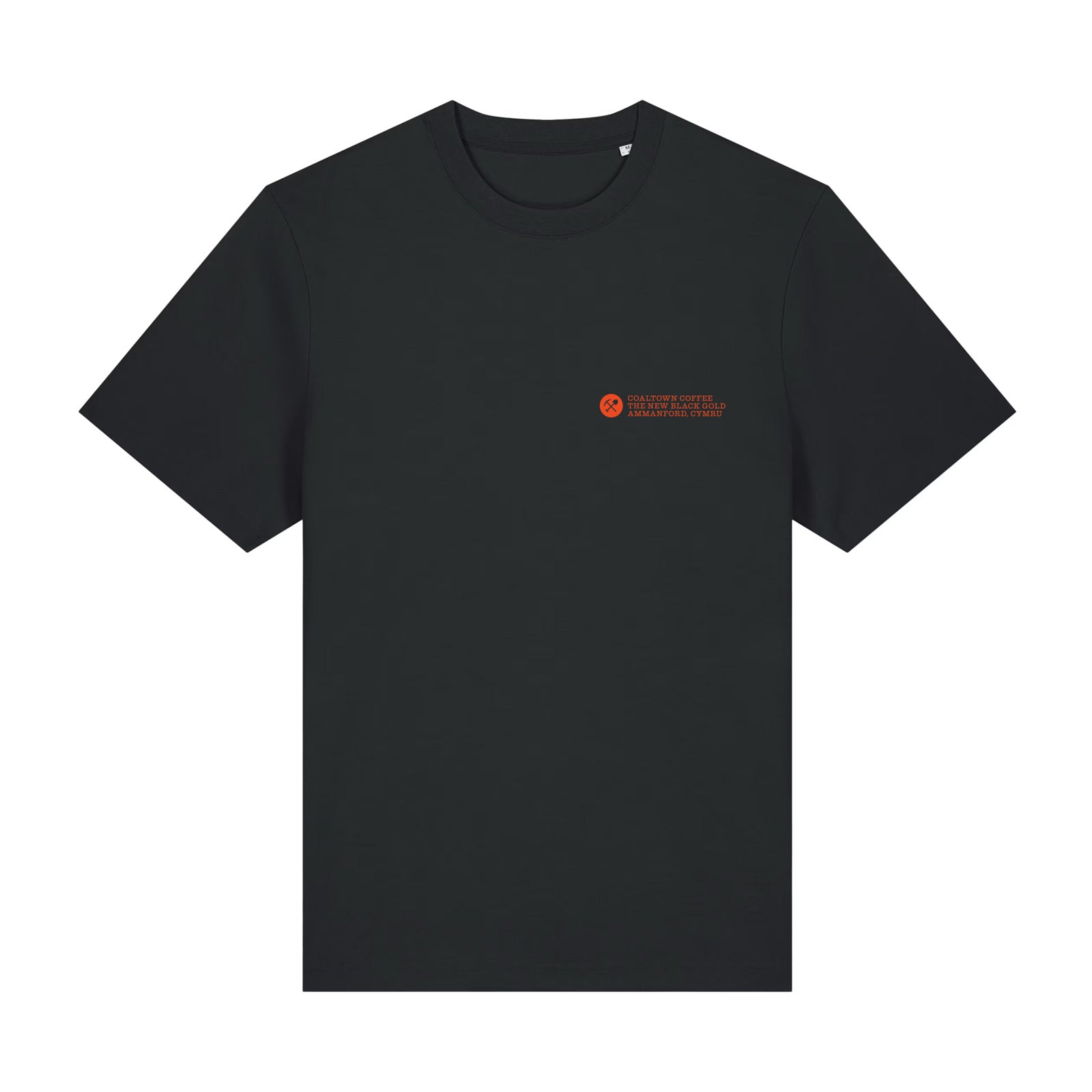 A black short-sleeve crewneck t-shirt with a small orange graphic and text printed on the left chest, displayed on a solid white background.