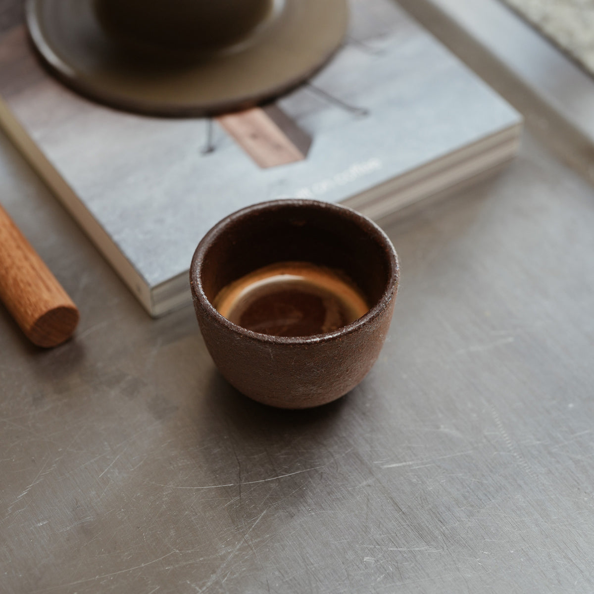 Espresso Cup Ceramic Coffee Cup Handmade Matt Jones Ceramics Collaboration on a stainless steel kitchen counter top