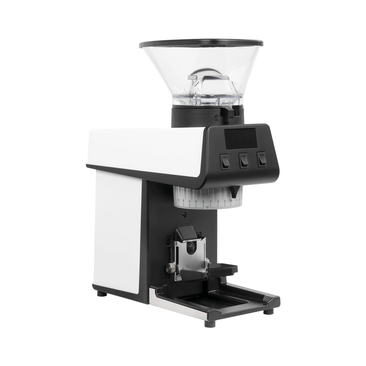A modern white pico coffee grinder with a white and black body, a clear bean hopper on top and a digital control panel, shown on a solid white background.