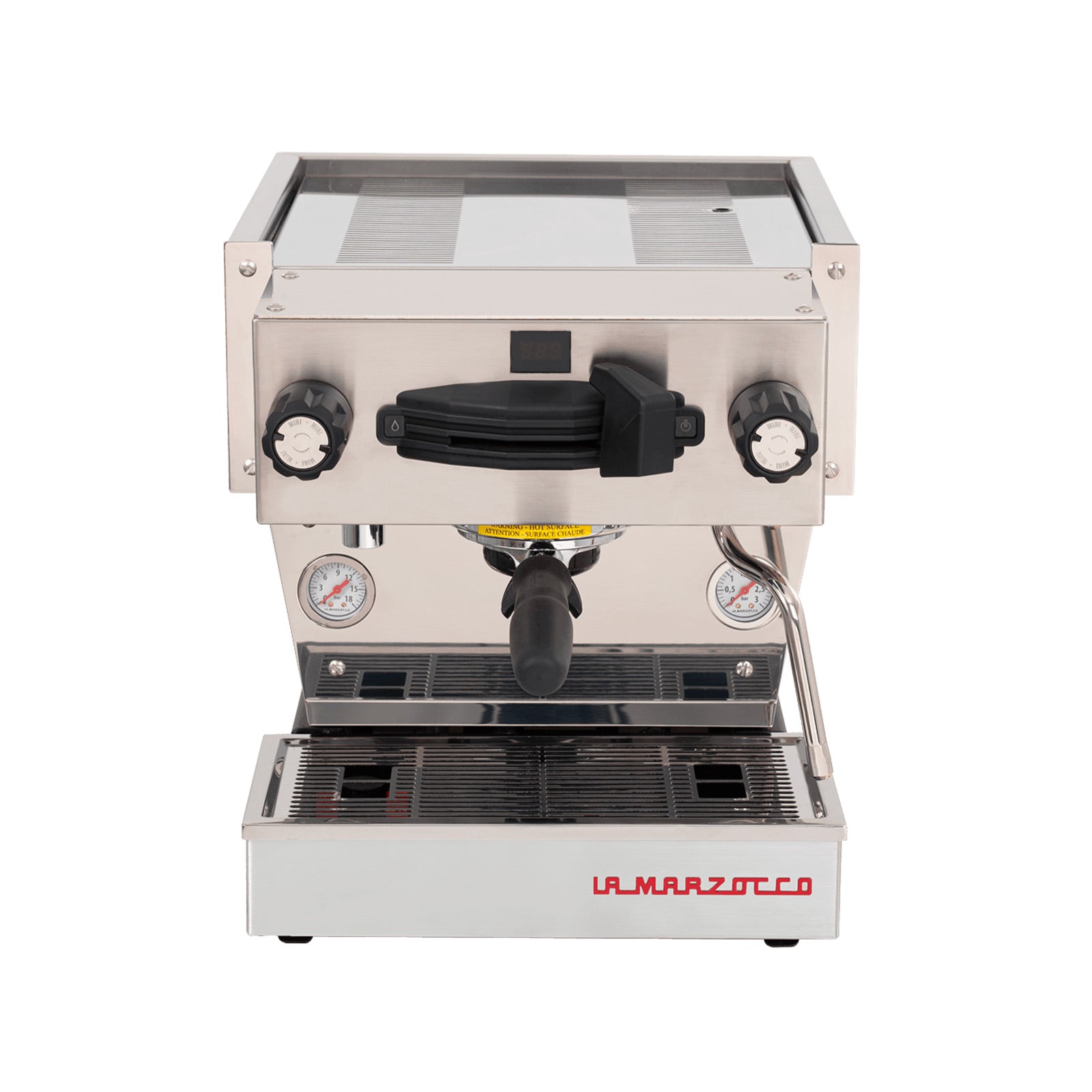 A brushed stainless steel commercial espresso machine with black controls, two analog gauges, a portafilter holder, and a red 'LA MARZOTTO' logo on the front, isolated on a white background.