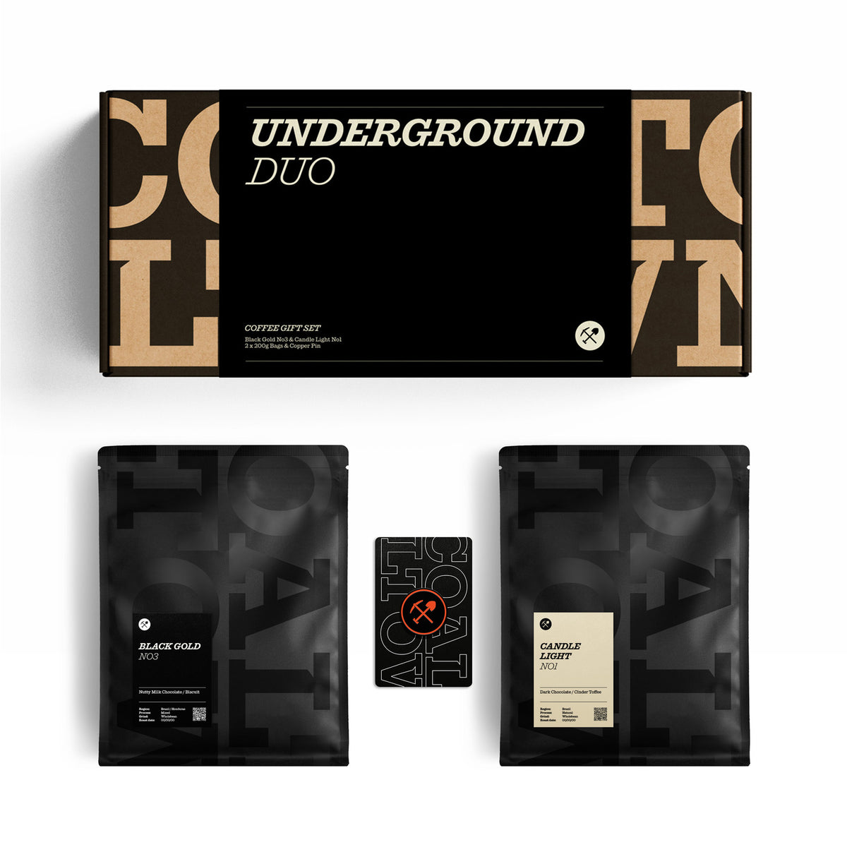 Underground duo Gift Set with Black Gold No3 200g Bag, Candle Light No1 200g Bag, and Coaltown Purpose Enamel Pin